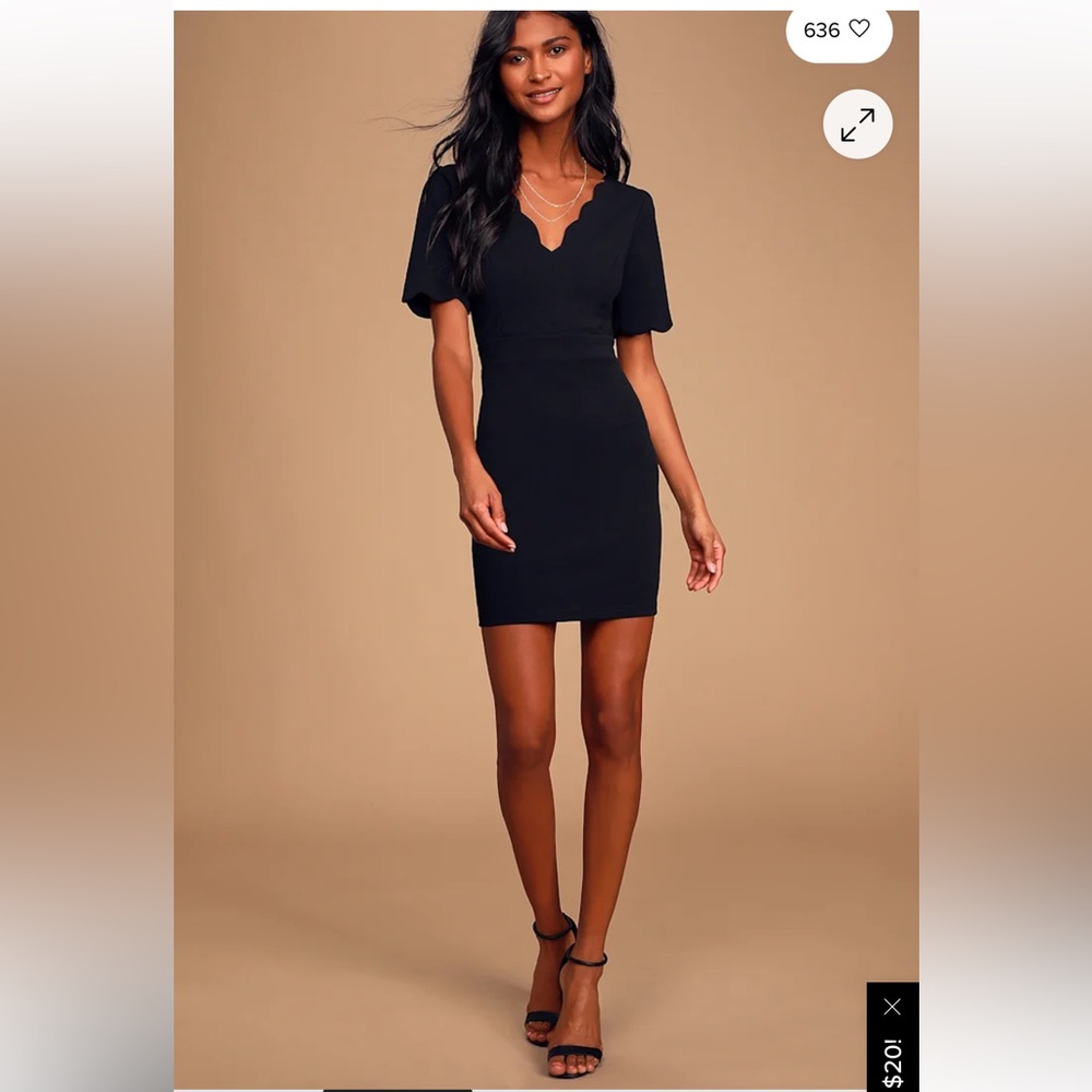 Lulu’s Truer Words Black Scalloped Short Sleeve Fitted  Dress Size Medium